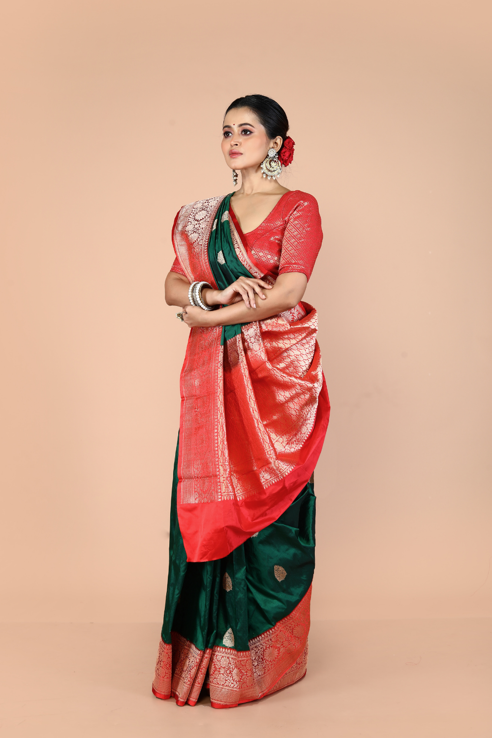 Bottle Green-Red Pure Katan Silk Banarasi Handloom Saree with Zari work