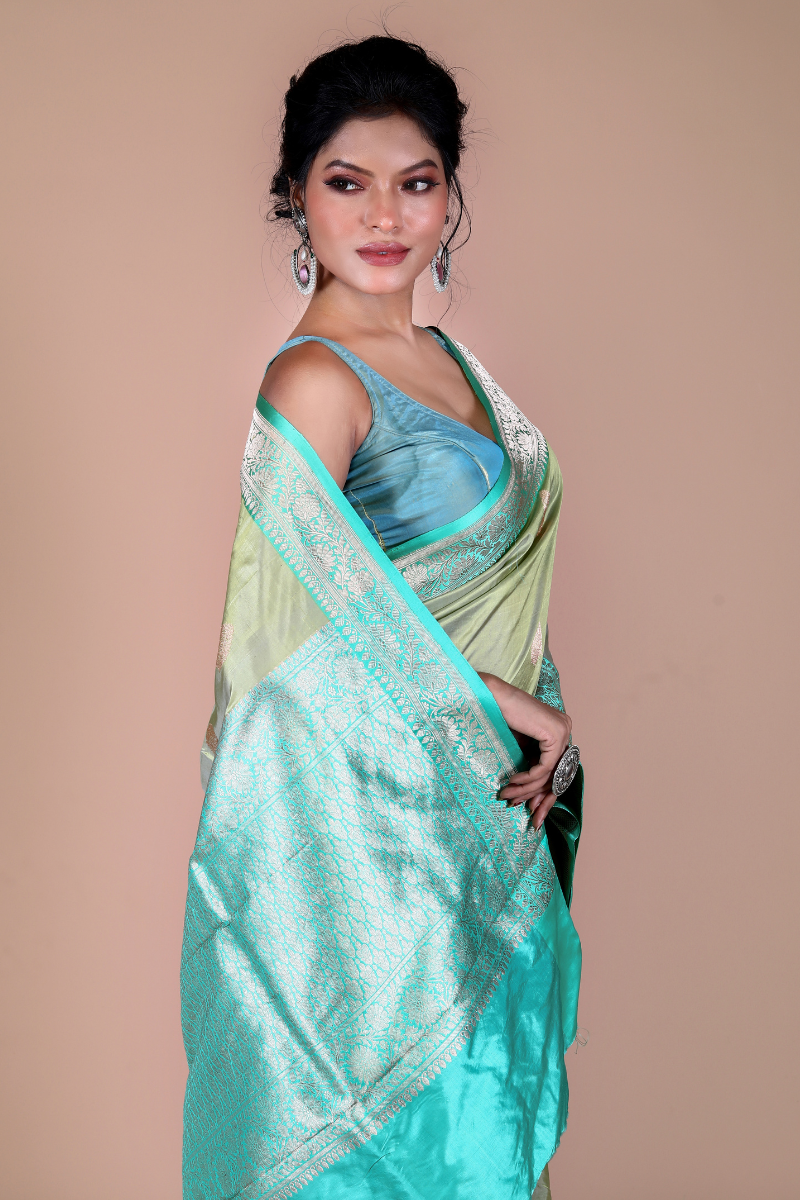 Pista Green Pure Katan Silk Banarasi Handloom Saree with Zari work