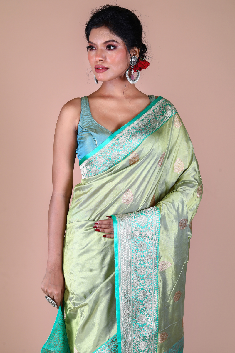 Pista Green Pure Katan Silk Banarasi Handloom Saree with Zari work