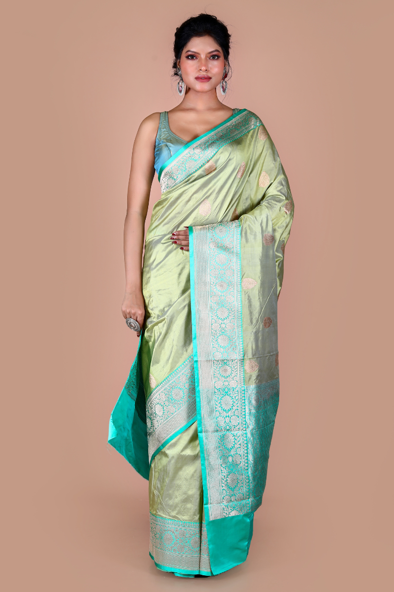 Pista Green Pure Katan Silk Banarasi Handloom Saree with Zari work
