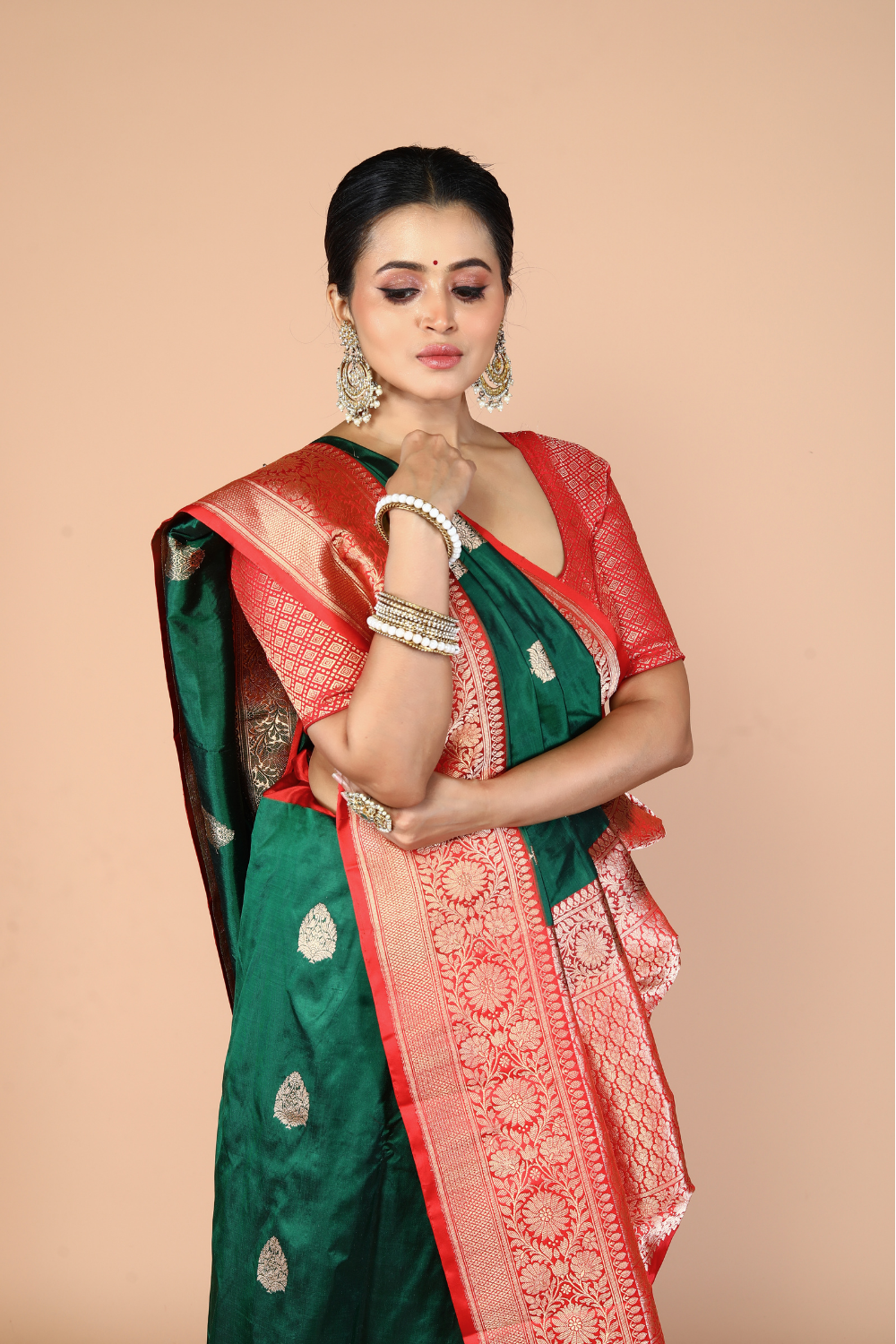 Bottle Green-Red Pure Katan Silk Banarasi Handloom Saree with Zari work