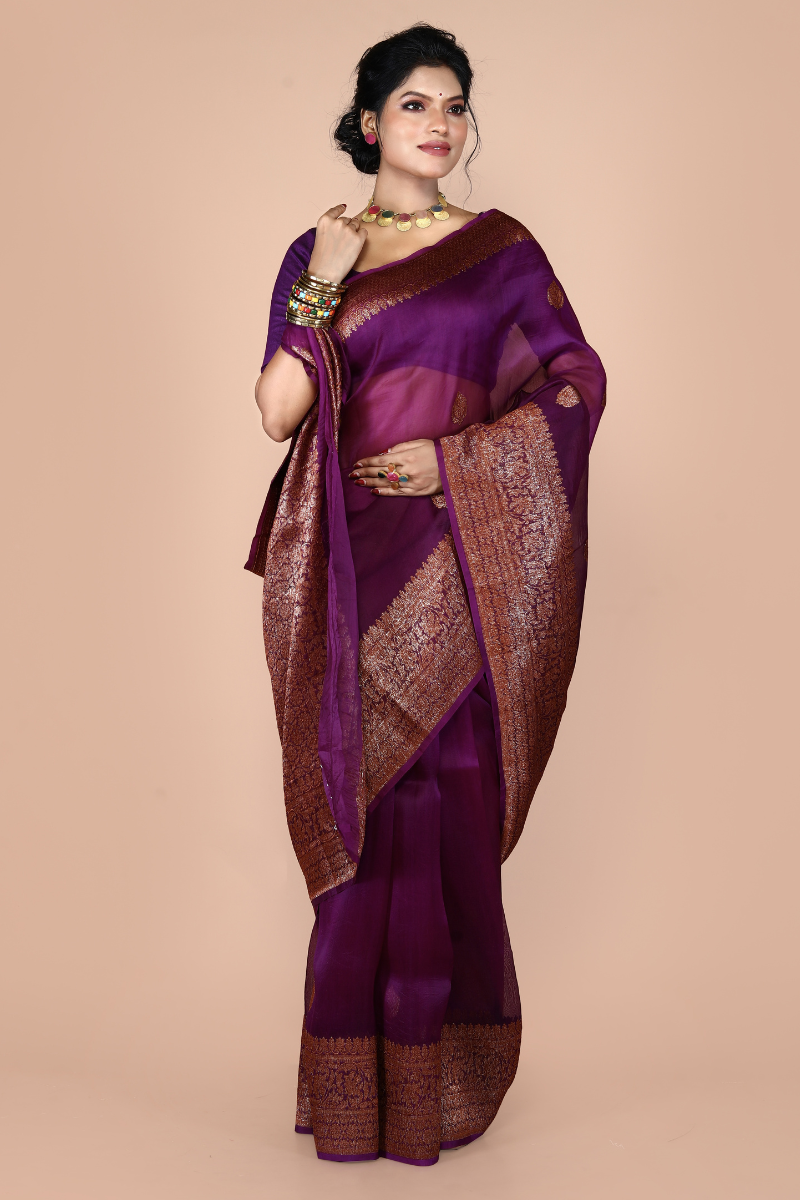 Purple Pure Organza Silk Banarasi Handloom Saree with Zari work