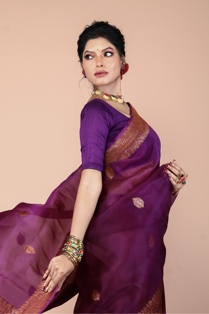 Purple Pure Organza Silk Banarasi Handloom Saree with Zari work