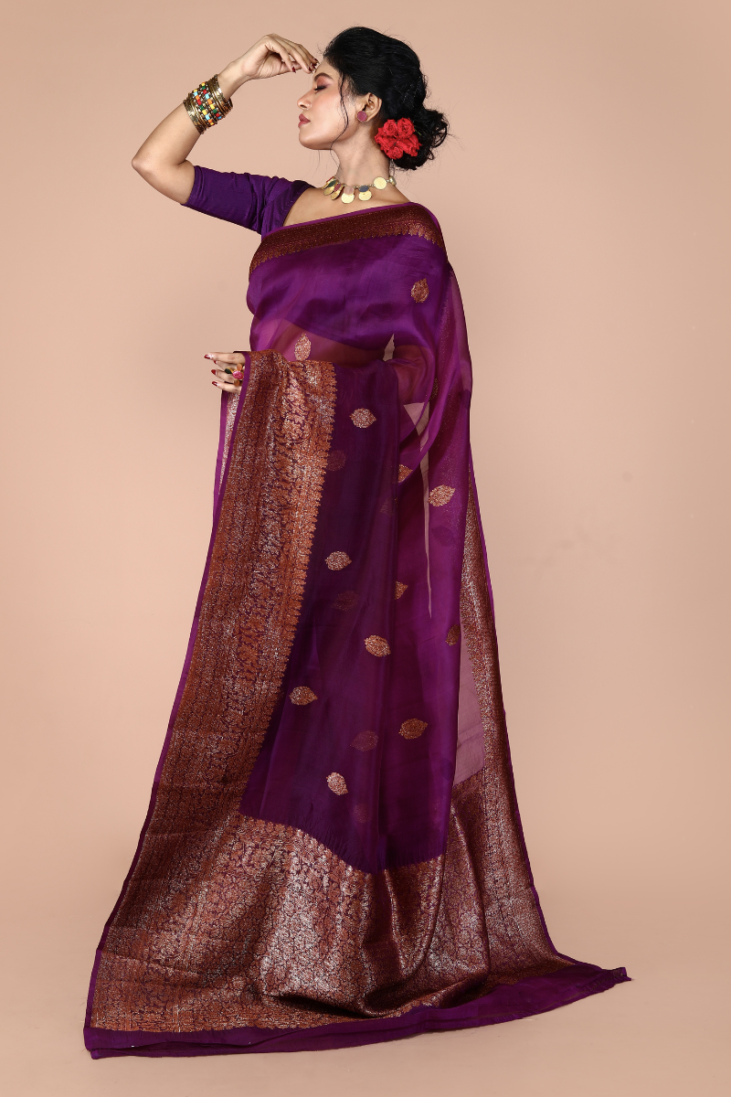 Purple Pure Organza Silk Banarasi Handloom Saree with Zari work