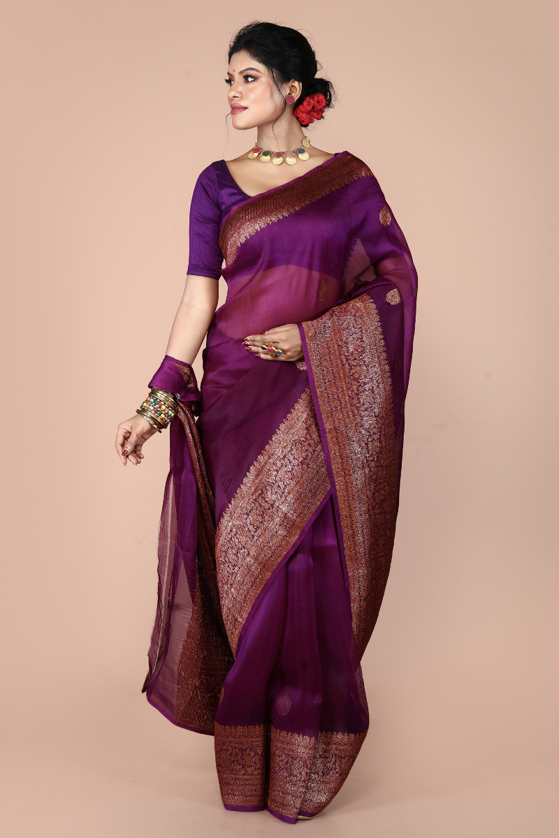 Purple Pure Organza Silk Banarasi Handloom Saree with Zari work