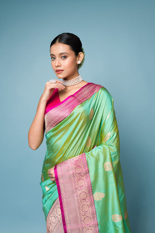 Pink Firoji Pure Katan Silk Banarasi Handloom Saree with Zari work