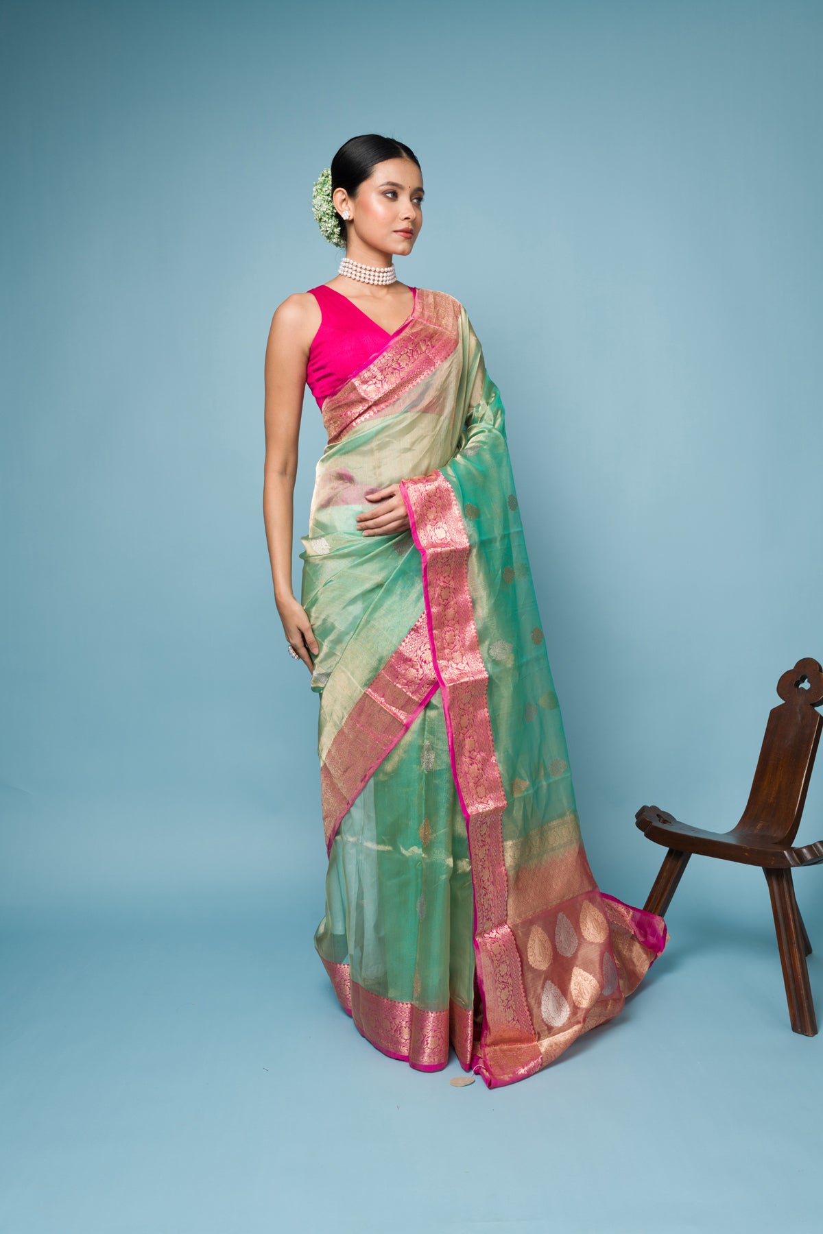 Pink Blue Pure Tissue Silk Banarasi Handloom Saree with Zari work