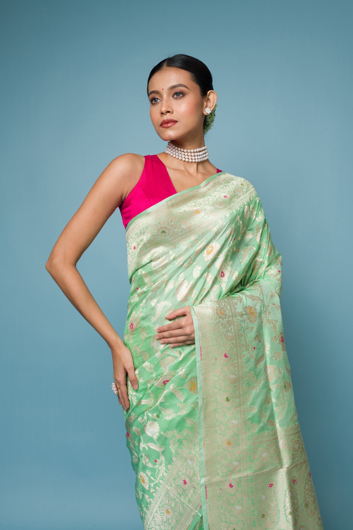 Pista color Meena Pure Katan Silk Banarasi Handloom Saree with Zari work