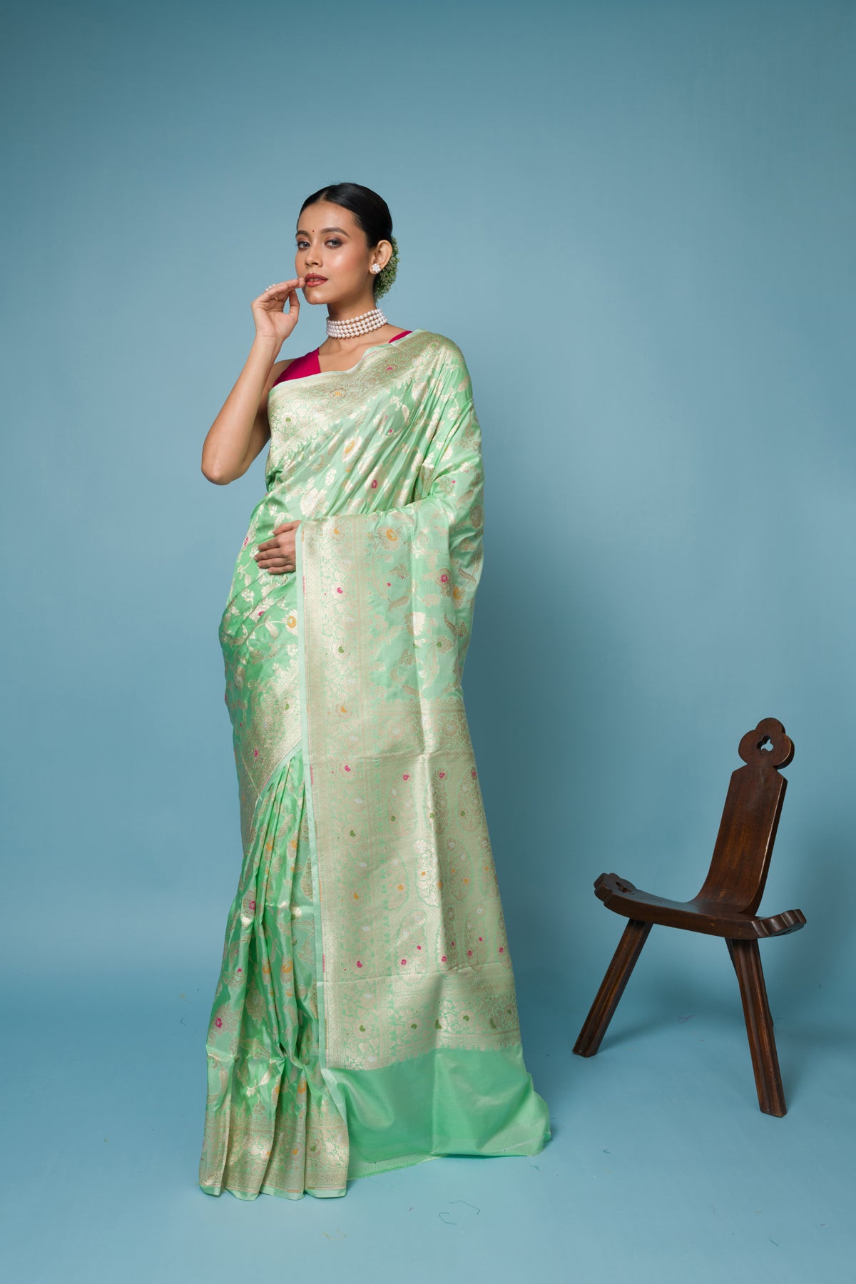 Pista color Meena Pure Katan Silk Banarasi Handloom Saree with Zari work