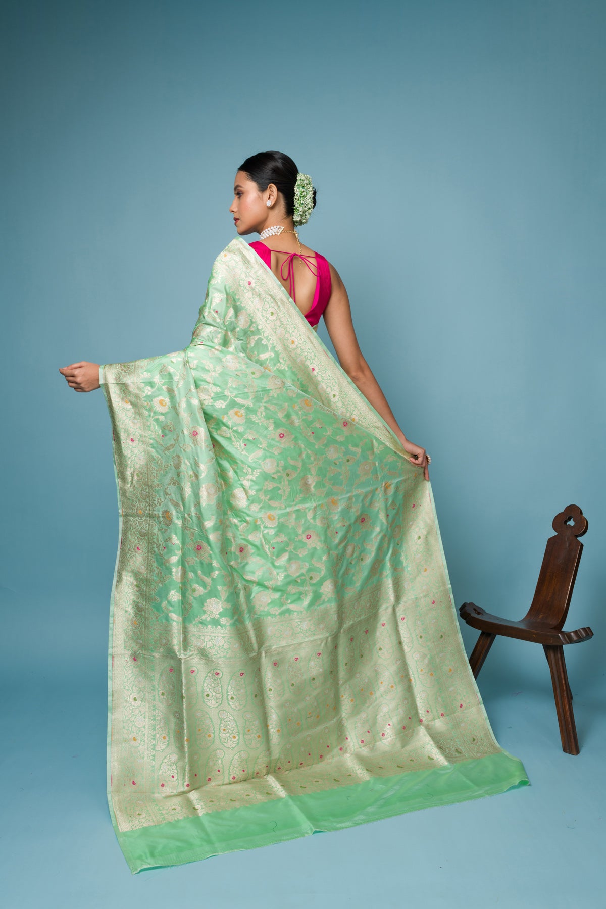 Pista color Meena Pure Katan Silk Banarasi Handloom Saree with Zari work