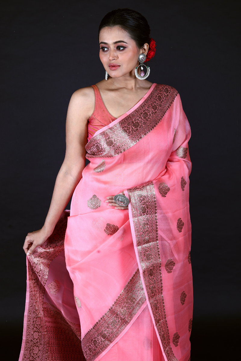 Pink Pure Organza Silk Banarasi Handloom Saree with Zari work