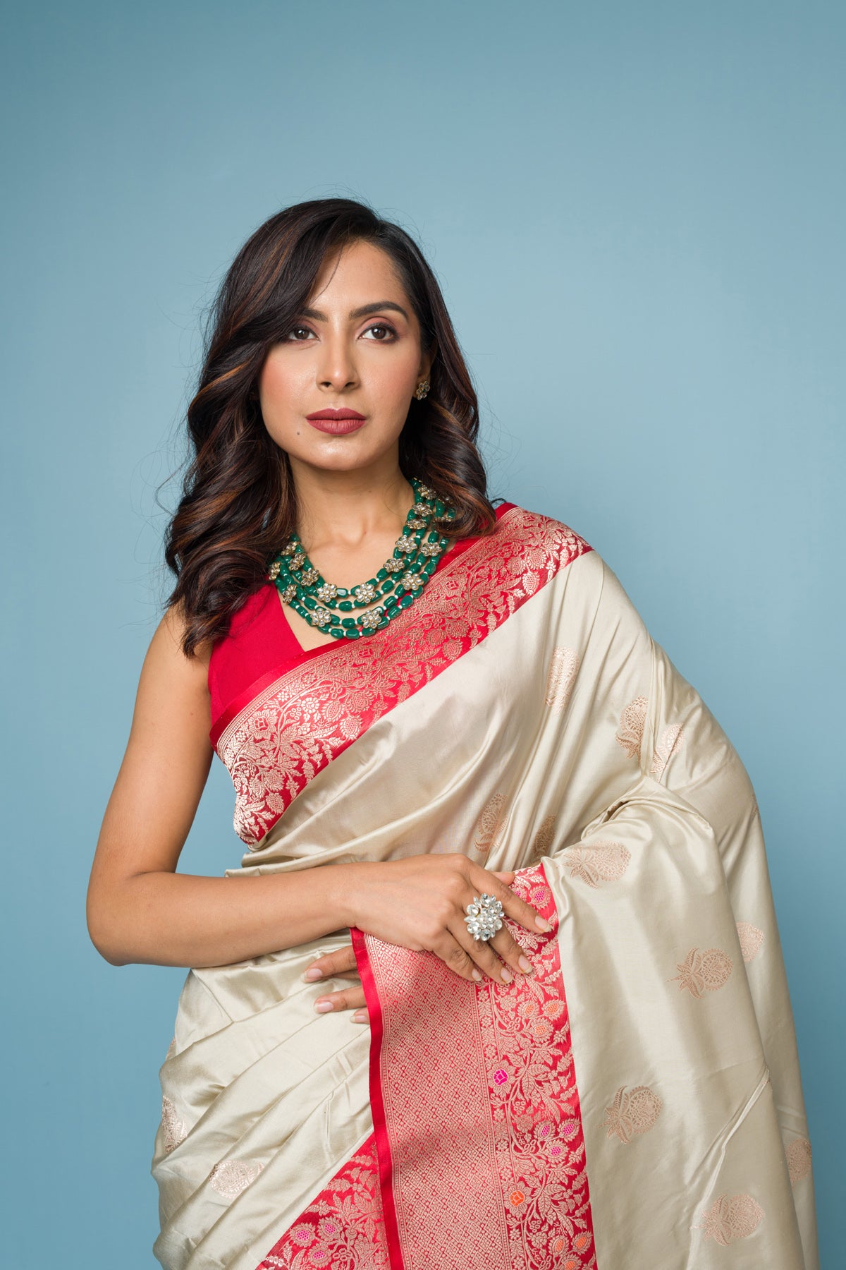White Red Pure Katan Silk Banarasi Handloom Saree with Zari work