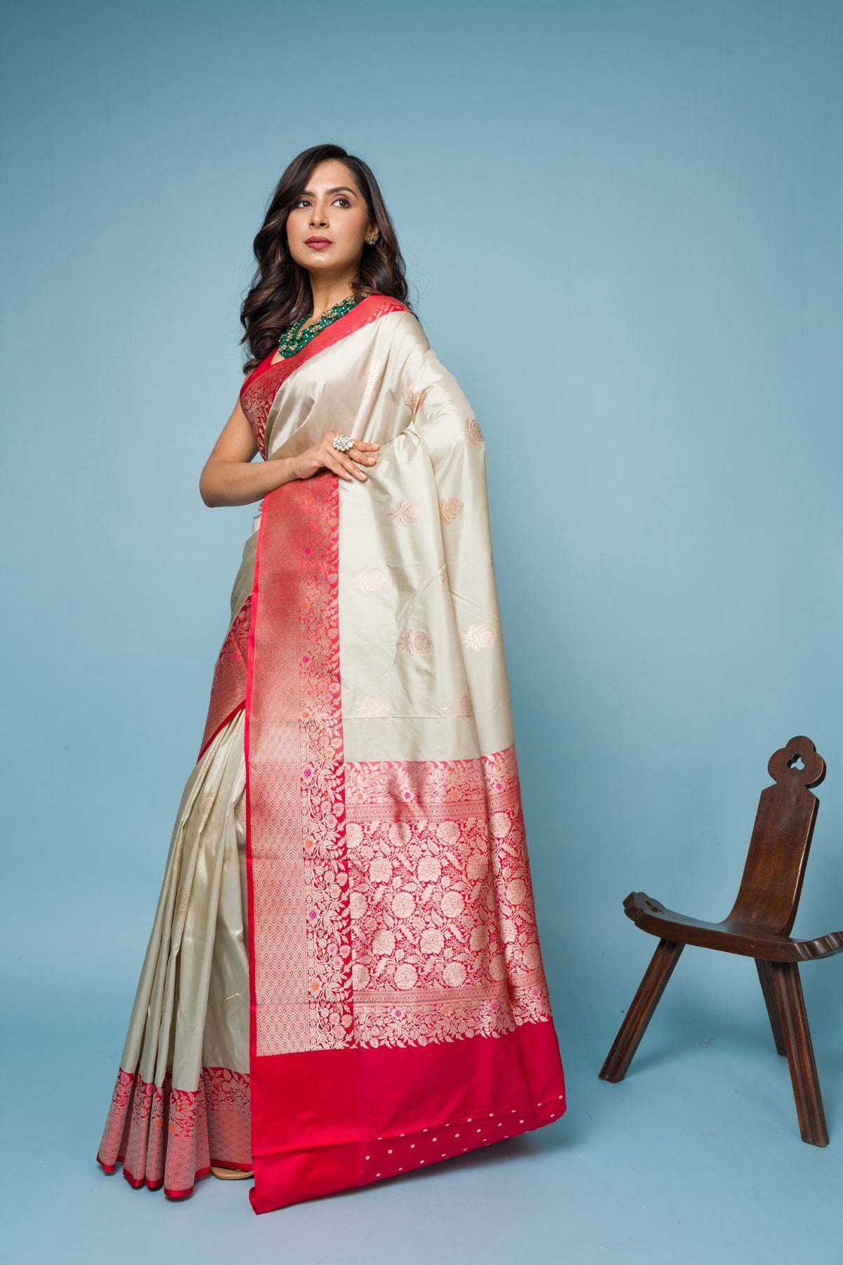 White Red Pure Katan Silk Banarasi Handloom Saree with Zari work
