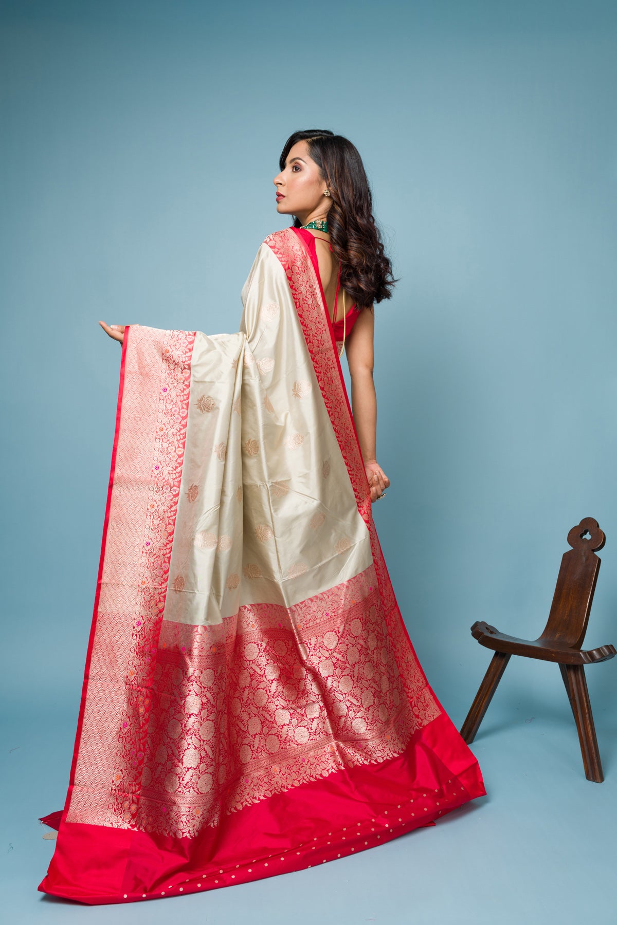 White Red Pure Katan Silk Banarasi Handloom Saree with Zari work