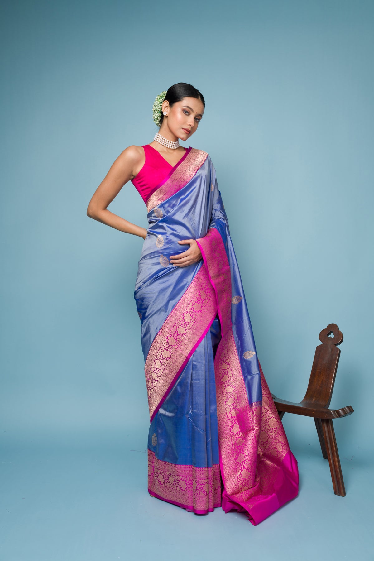 Blue Pink Pure Tissue Silk Banarasi Handloom Saree with Zari work