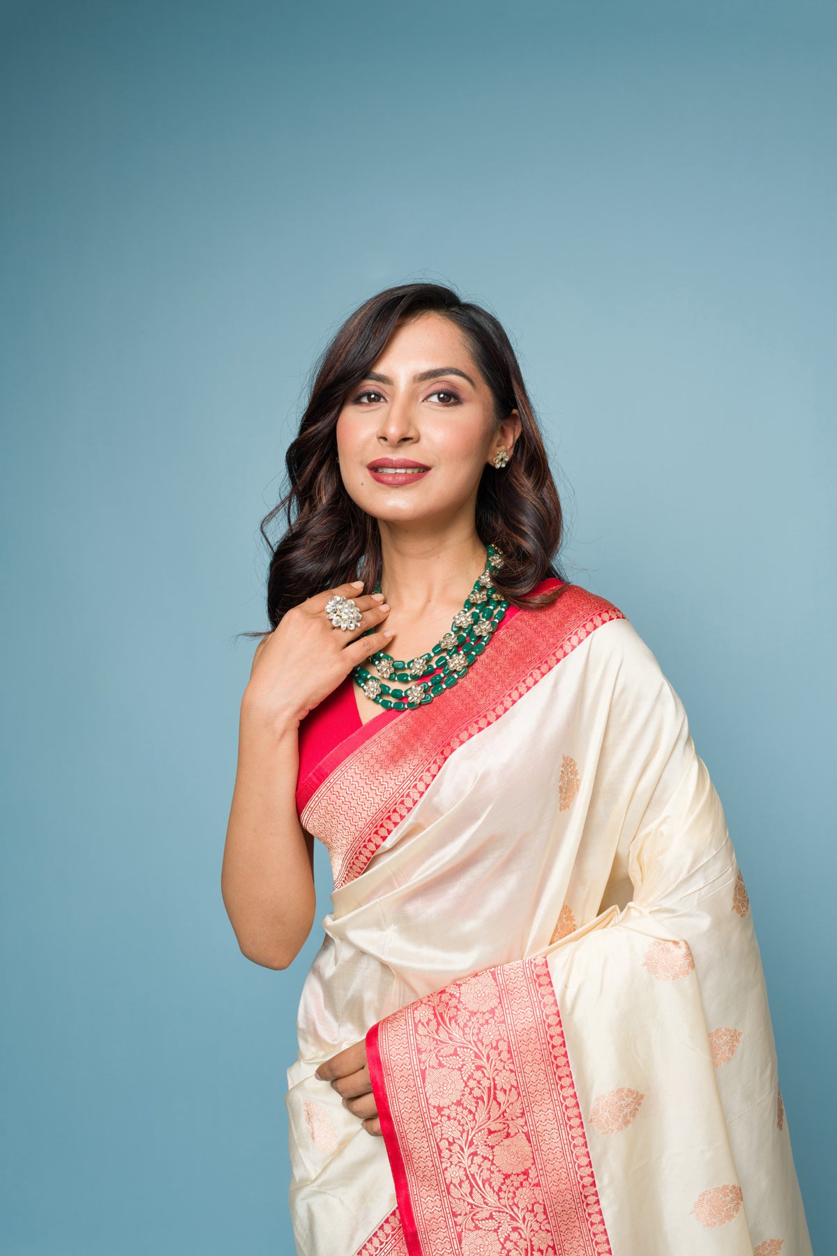 White Red Pure Katan Silk Banarasi Handloom Saree with Zari work
