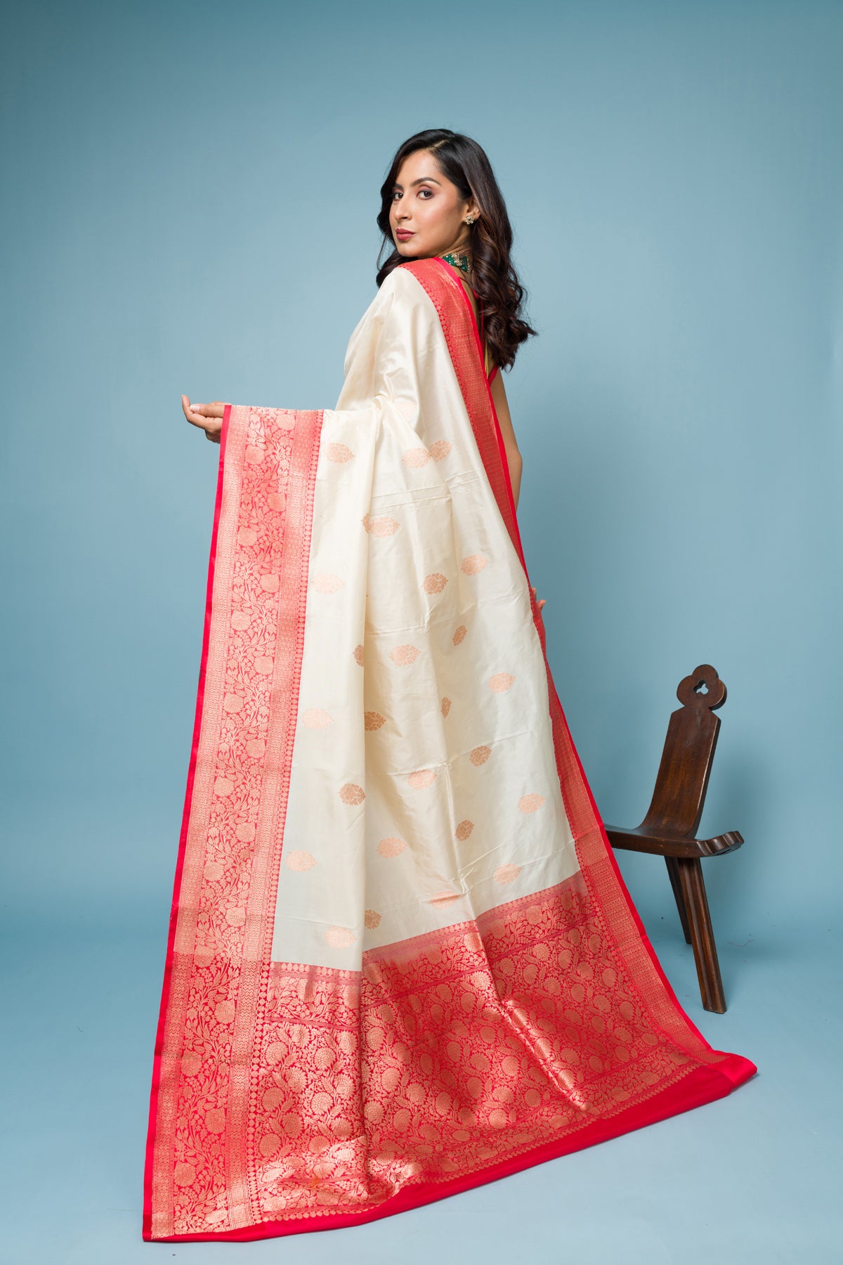 White Red Pure Katan Silk Banarasi Handloom Saree with Zari work