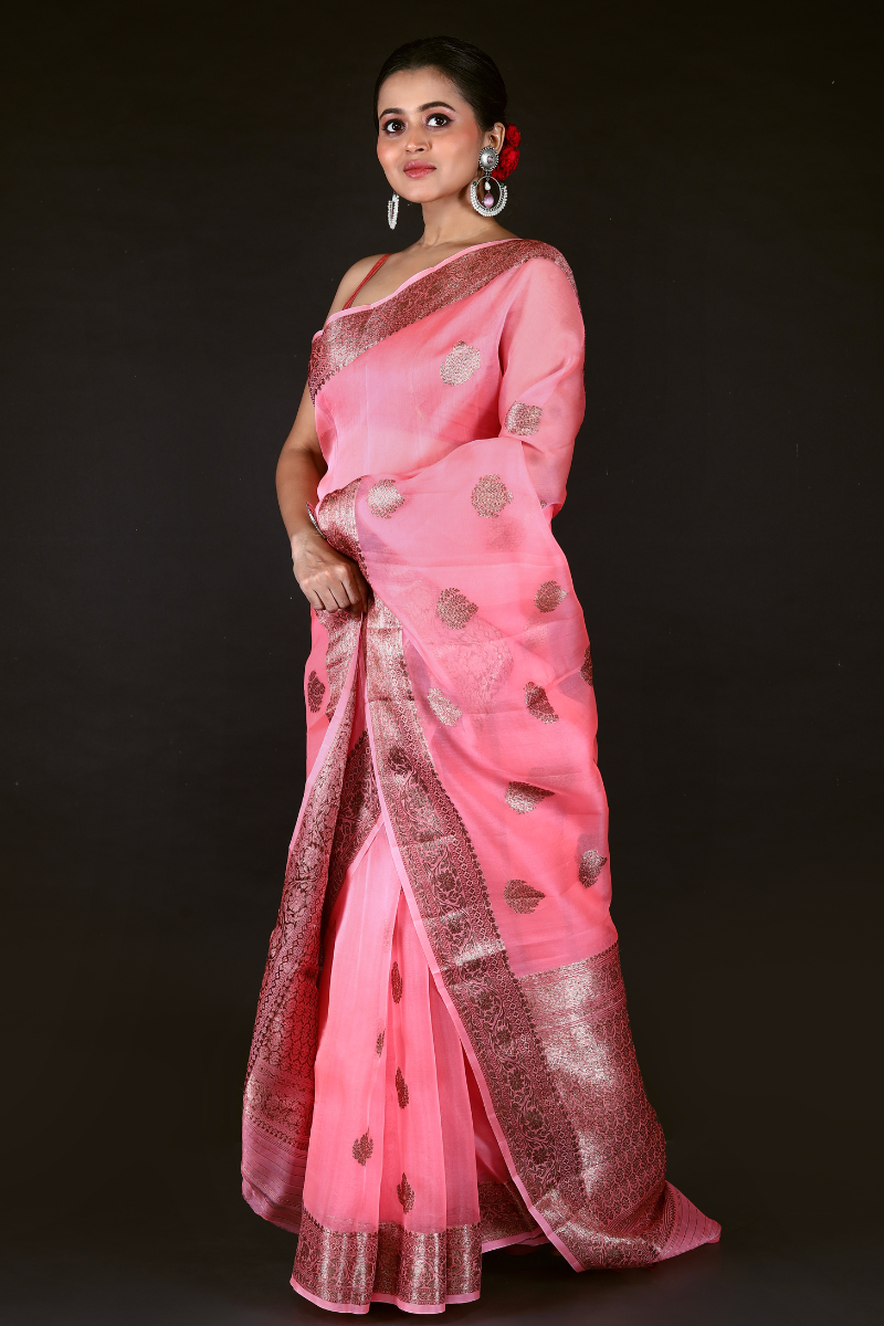 Pink Pure Organza Silk Banarasi Handloom Saree with Zari work