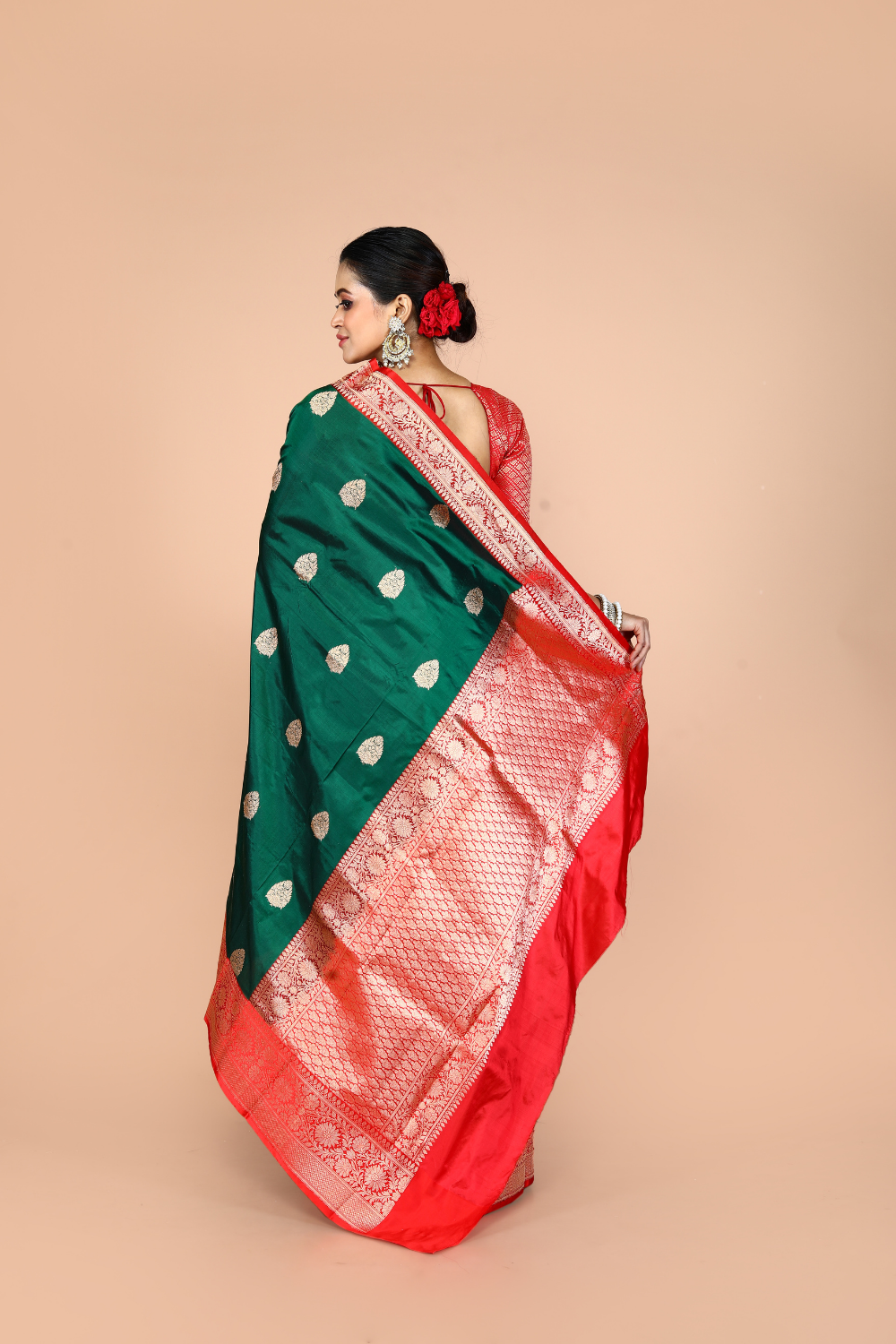 Bottle Green-Red Pure Katan Silk Banarasi Handloom Saree with Zari work