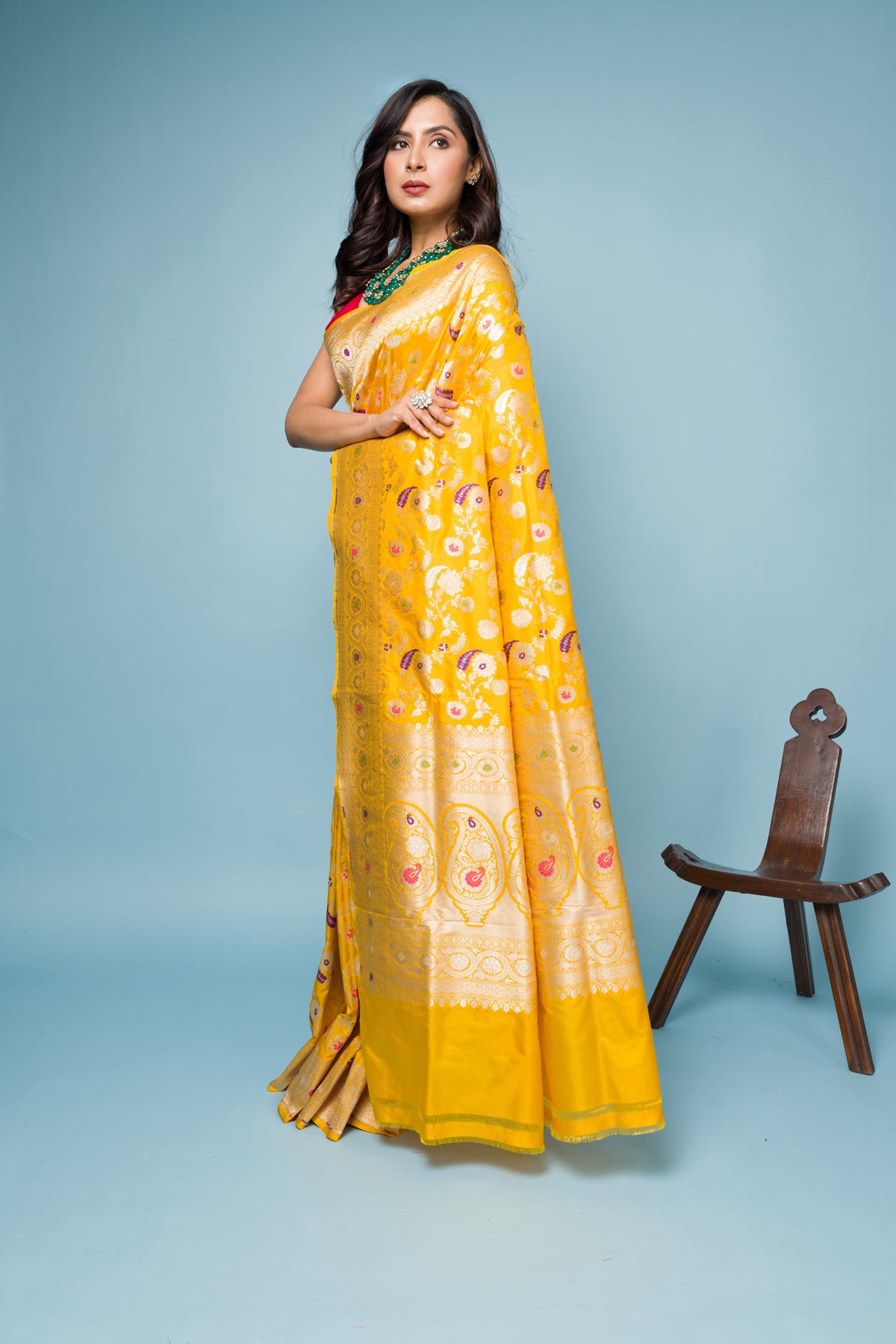 Yellow Meena Pure Katan Silk Banarasi Handloom Saree with Zari work