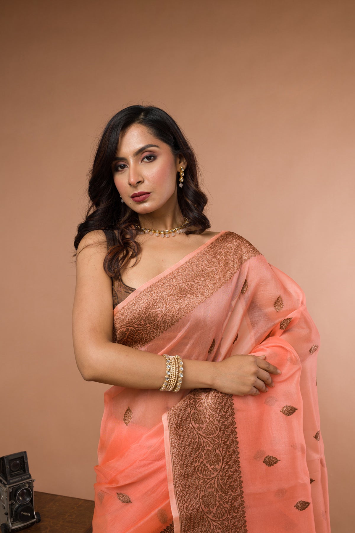 Peach Pure Organza Silk Banarasi Handloom Saree with Zari work
