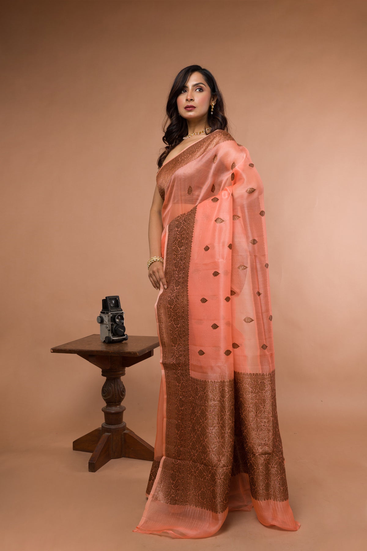 Peach Pure Organza Silk Banarasi Handloom Saree with Zari work