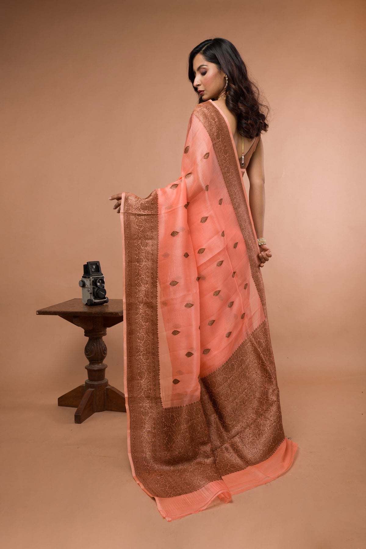 Peach Pure Organza Silk Banarasi Handloom Saree with Zari work