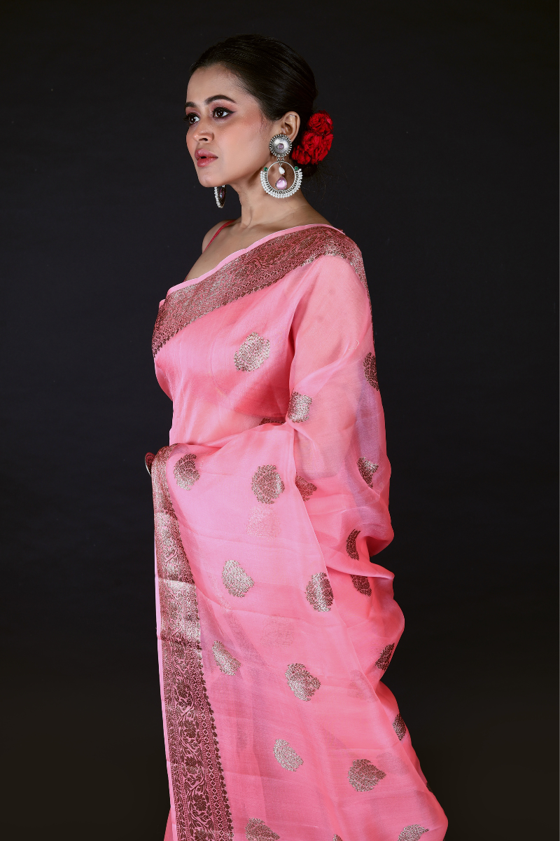 Pink Pure Organza Silk Banarasi Handloom Saree with Zari work