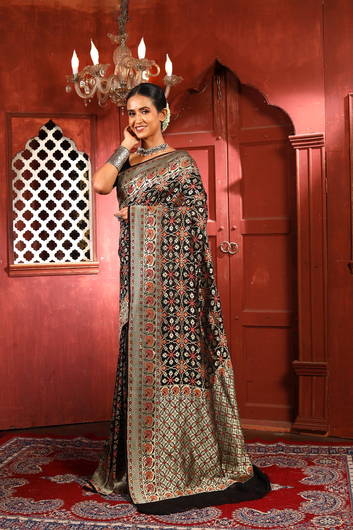 Black Multicolor Pure Chiffon Silk Khaddi Georgette Banarasi Handloom Saree with Zari work