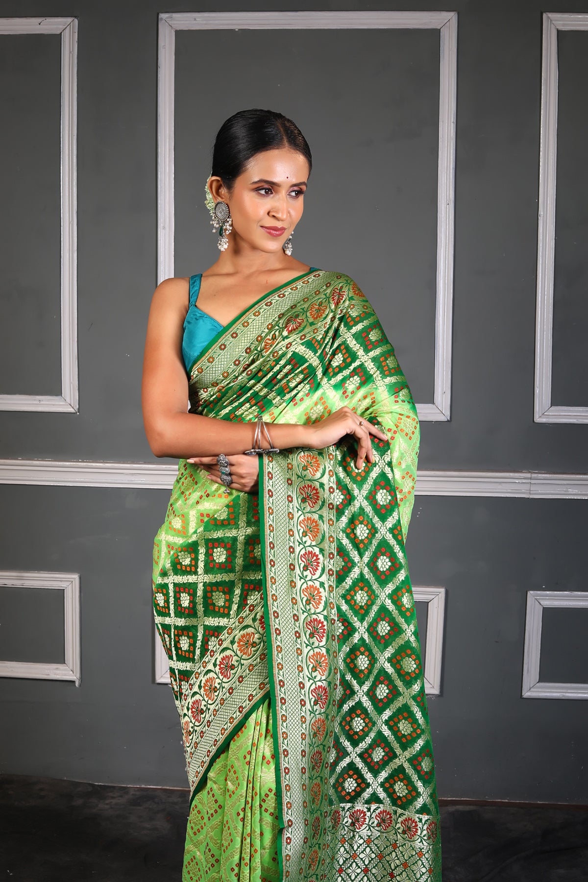 Green Bandhej Meena Pure Chiffon Silk Khaddi Georgette Banarasi Handloom Saree with Zari work