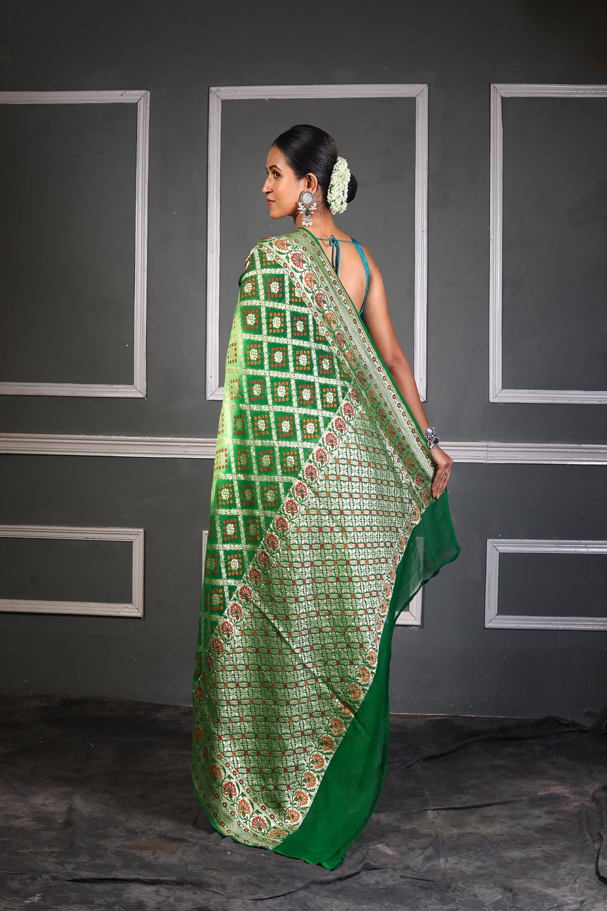 Green Bandhej Meena Pure Chiffon Silk Khaddi Georgette Banarasi Handloom Saree with Zari work