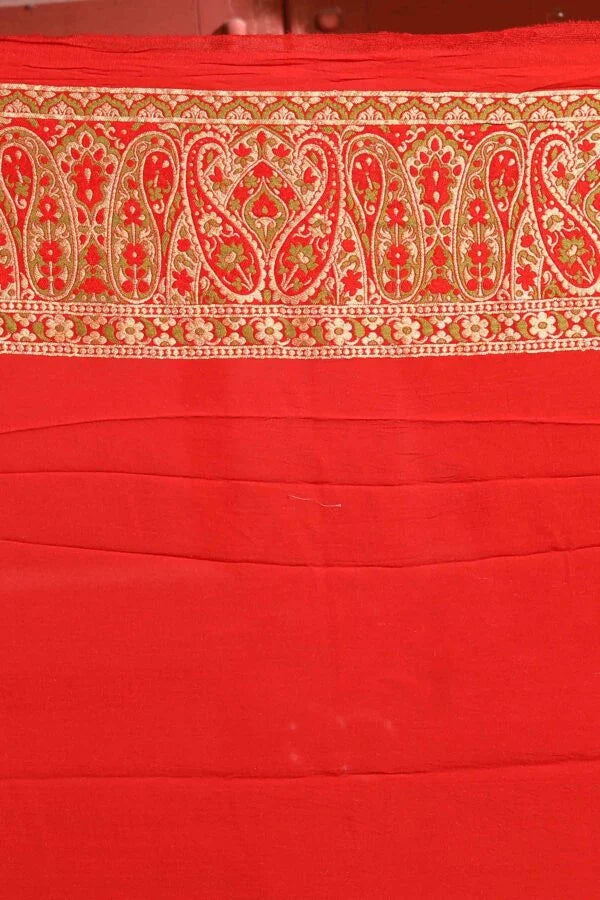 Red Meena Pure Chiniya Silk Banarasi Handloom Saree with Zari work
