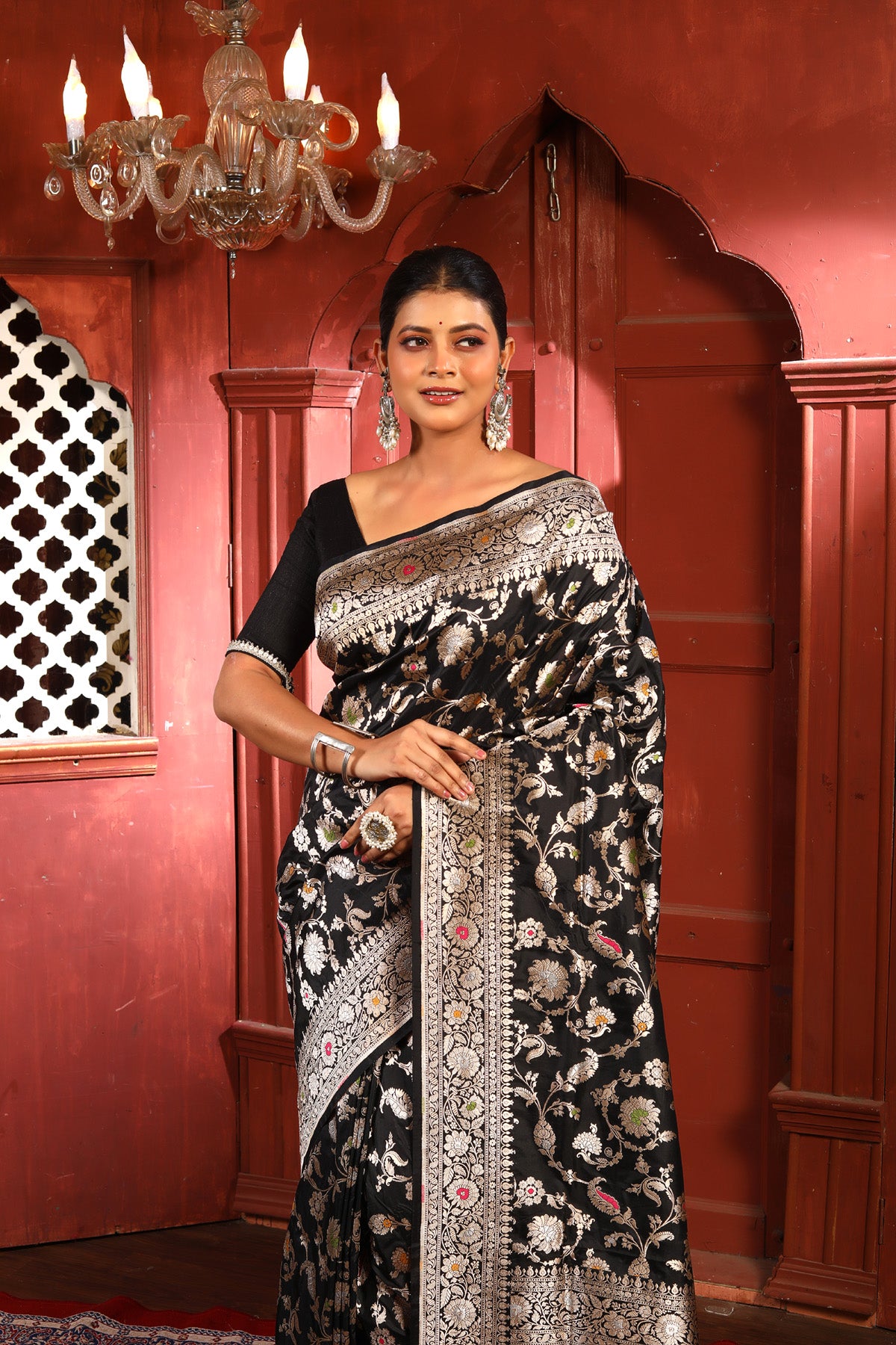 Black Meena Pure Katan Silk Banarasi Handloom Saree with Zari work