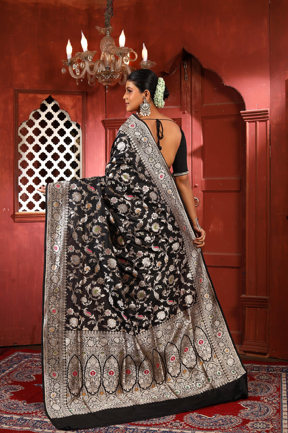 Black Meena Pure Katan Silk Banarasi Handloom Saree with Zari work