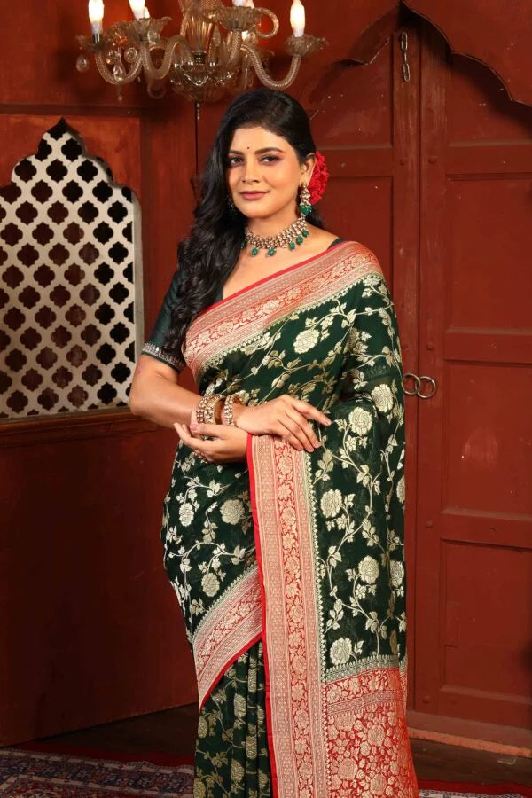 Red Bottle Green Pure Chiffon Silk Khaddi Georgette Banarasi Handloom Saree with Zari work