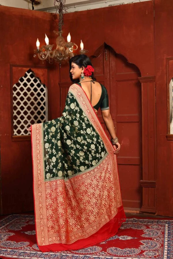 Red Bottle Green Pure Chiffon Silk Khaddi Georgette Banarasi Handloom Saree with Zari work