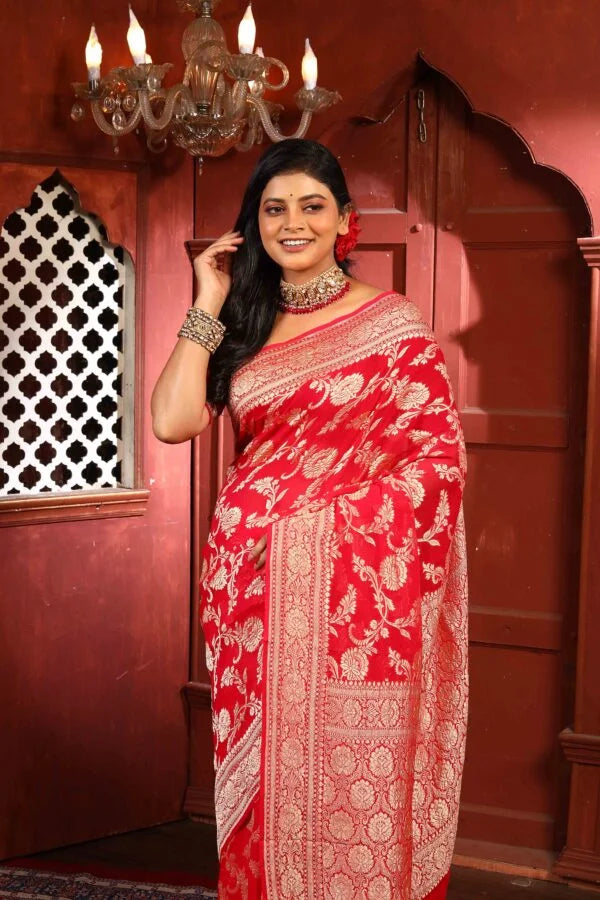 Strawberry Pure Chiffon Silk Khaddi Georgette Banarasi Handloom Saree with Zari work