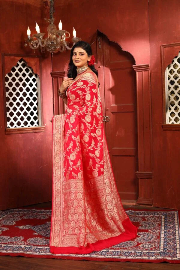 Strawberry Pure Chiffon Silk Khaddi Georgette Banarasi Handloom Saree with Zari work