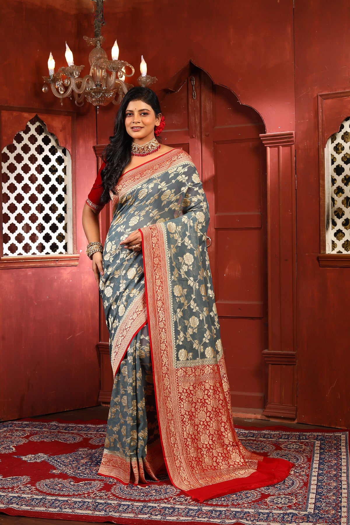 Grey Red Pure Chiffon Silk Khaddi Georgette Banarasi Handloom Saree with Zari work
