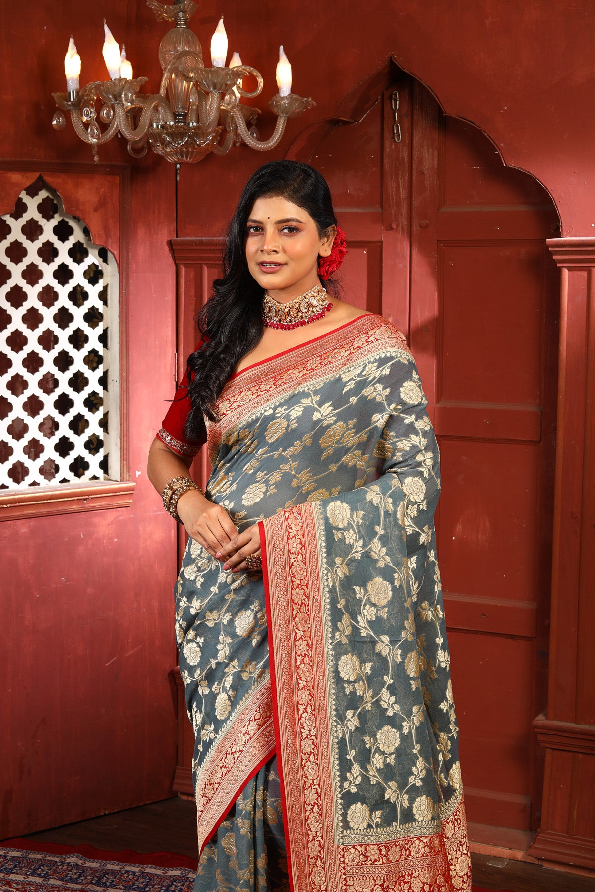 Grey Red Pure Chiffon Silk Khaddi Georgette Banarasi Handloom Saree with Zari work