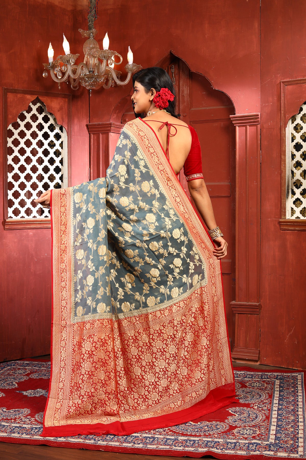 Grey Red Pure Chiffon Silk Khaddi Georgette Banarasi Handloom Saree with Zari work
