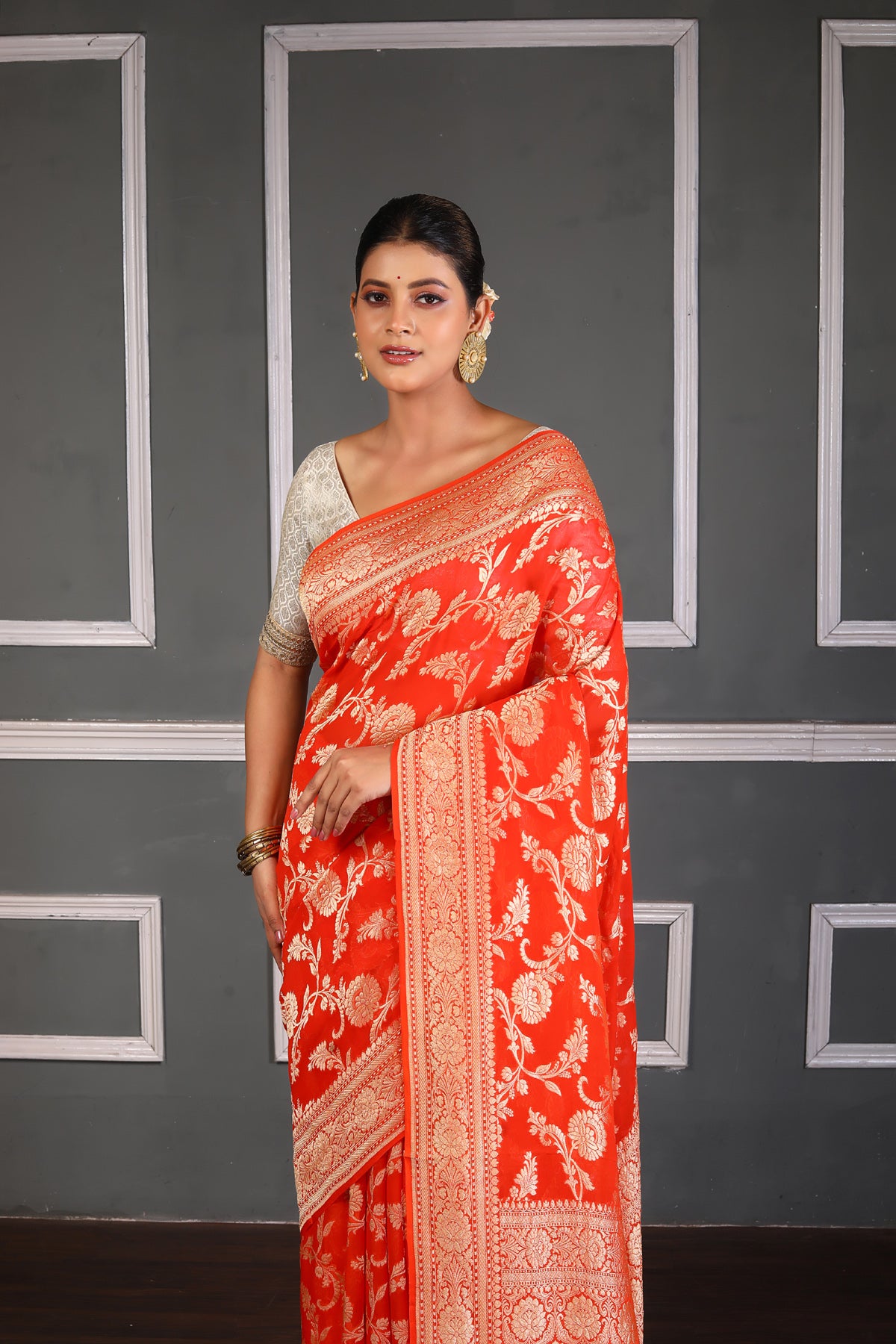Strawberry Pure Chiffon Silk Khaddi Georgette Banarasi Handloom Saree with Zari work