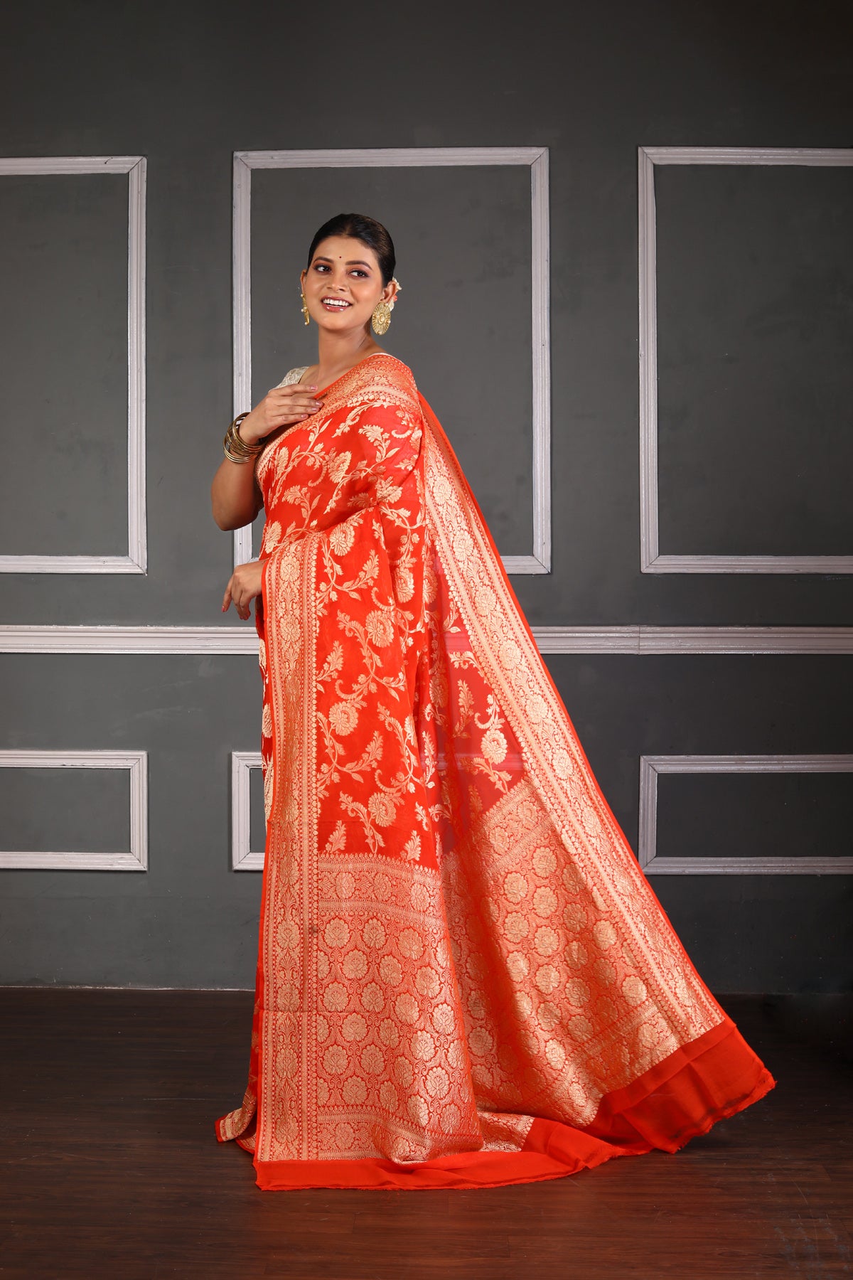 Strawberry Pure Chiffon Silk Khaddi Georgette Banarasi Handloom Saree with Zari work