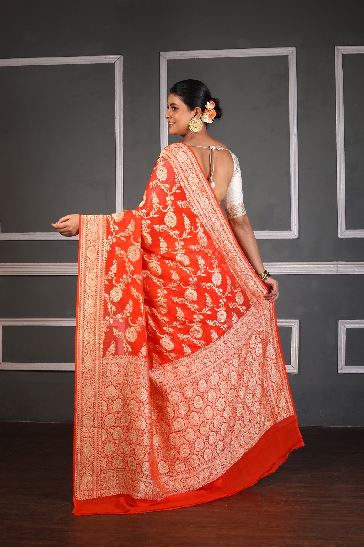 Strawberry Pure Chiffon Silk Khaddi Georgette Banarasi Handloom Saree with Zari work
