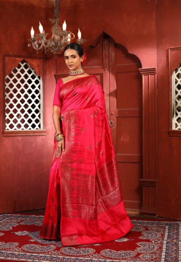 Red Pure Dupion Silk Banarasi Handloom Saree with Zari work