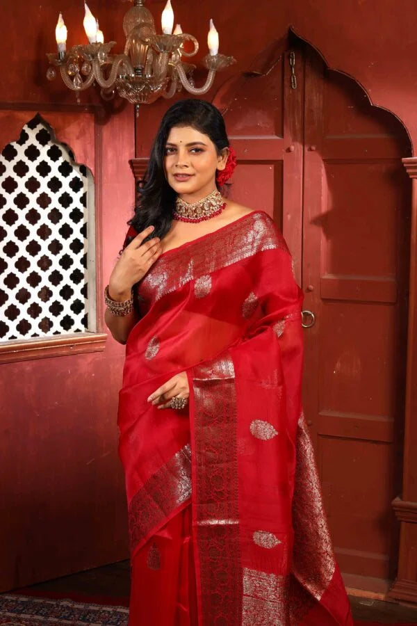 Maroon Pure Organza Silk Banarasi Handloom Saree with Zari work