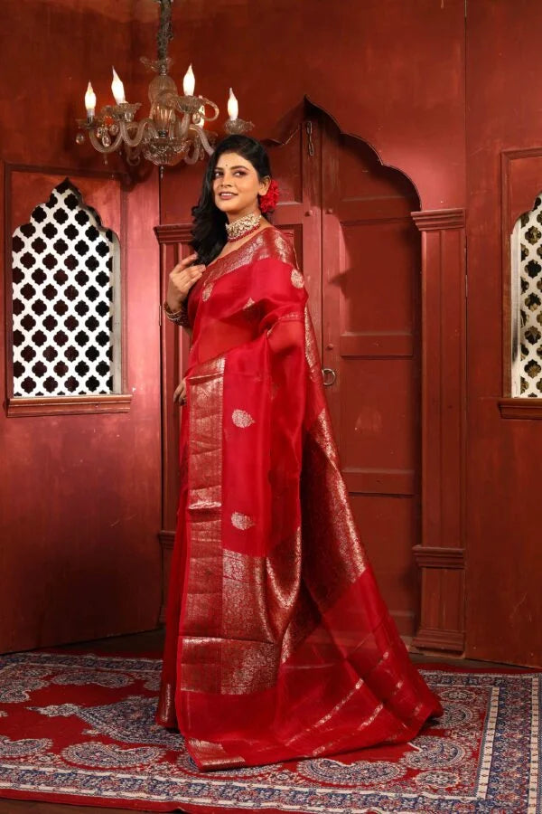 Maroon Pure Organza Silk Banarasi Handloom Saree with Zari work