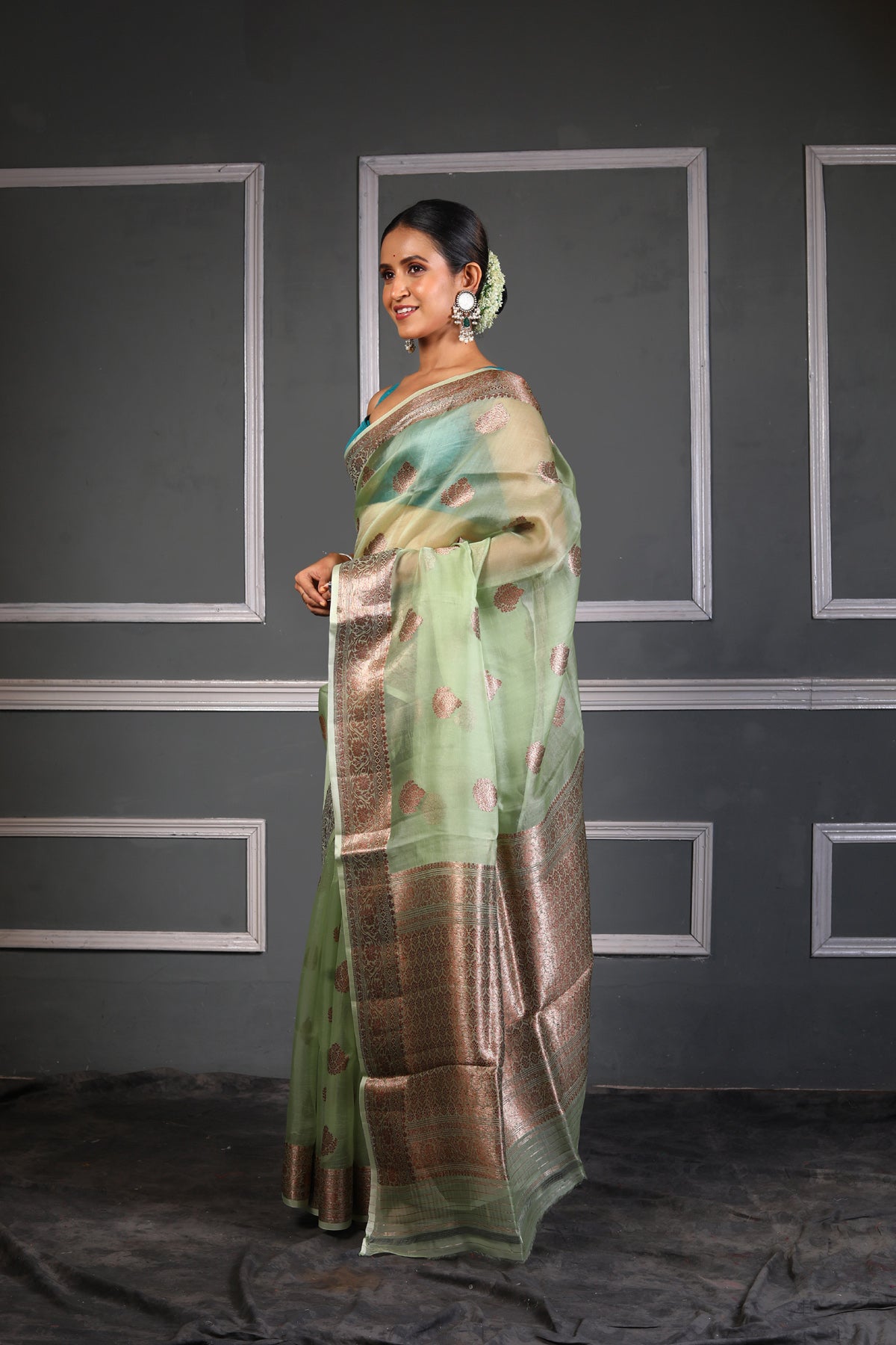 Pista Pure Organza Silk Banarasi Handloom Saree with Zari work