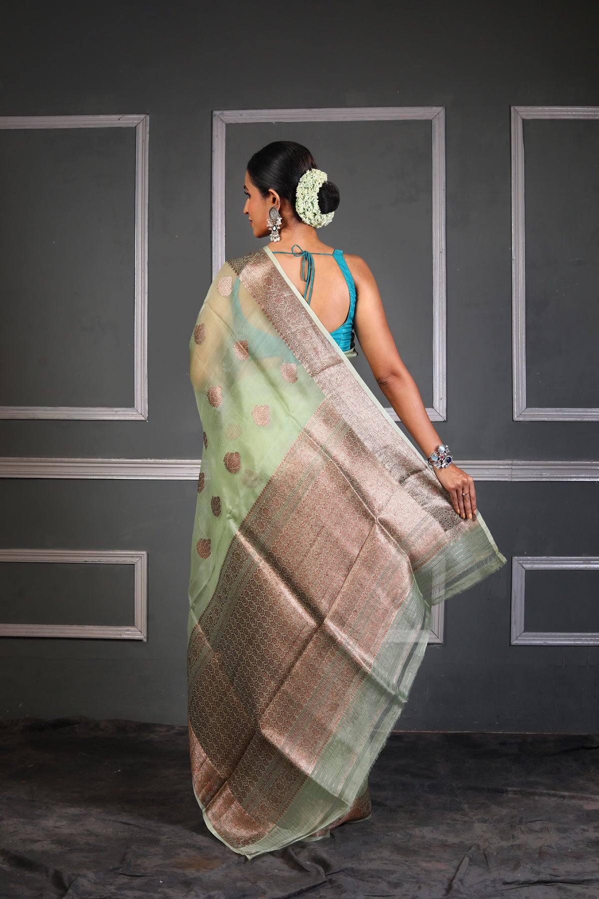 Pista Pure Organza Silk Banarasi Handloom Saree with Zari work