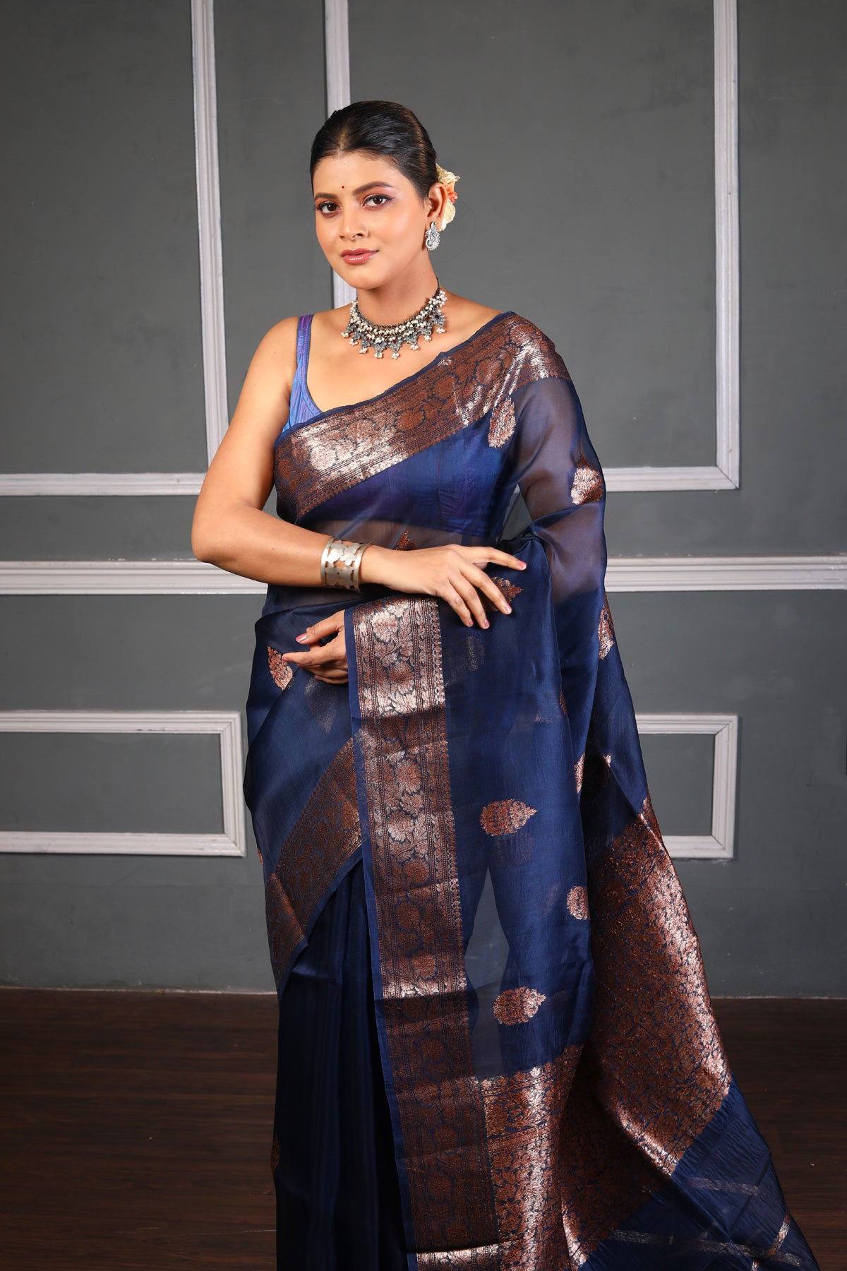 Navy Blue Pure Organza Silk Banarasi Handloom Saree with Zari work